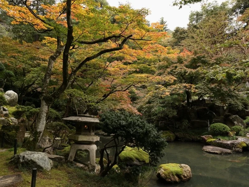 Tranquil Japanese garden at Cave Kannon in Takasaki, featuring a stone lantern, moss-covered rocks, and a quiet pond framed by autumn foliage.