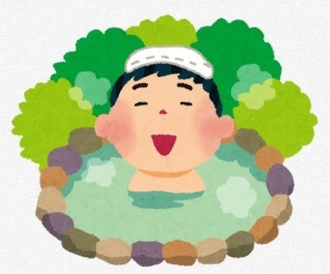 Illustration of a smiling person with a folded towel on their head soaking in a Japanese onsen, symbolizing relaxation and traditional hot spring culture.