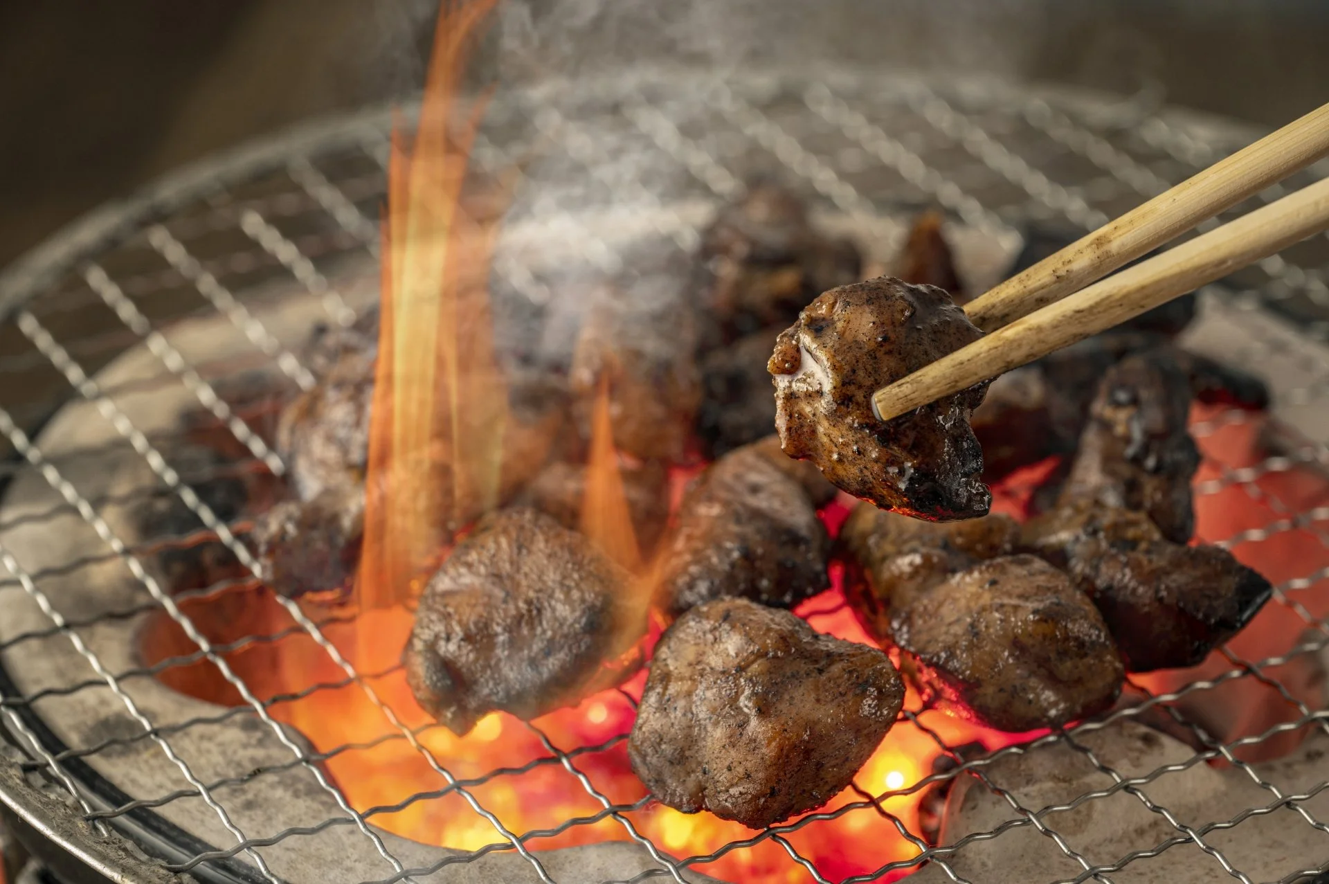 Sumibiyaki — Japanese charcoal-grilled chicken sizzling over glowing embers, a smoky staple of Miyazaki's beloved local food culture.