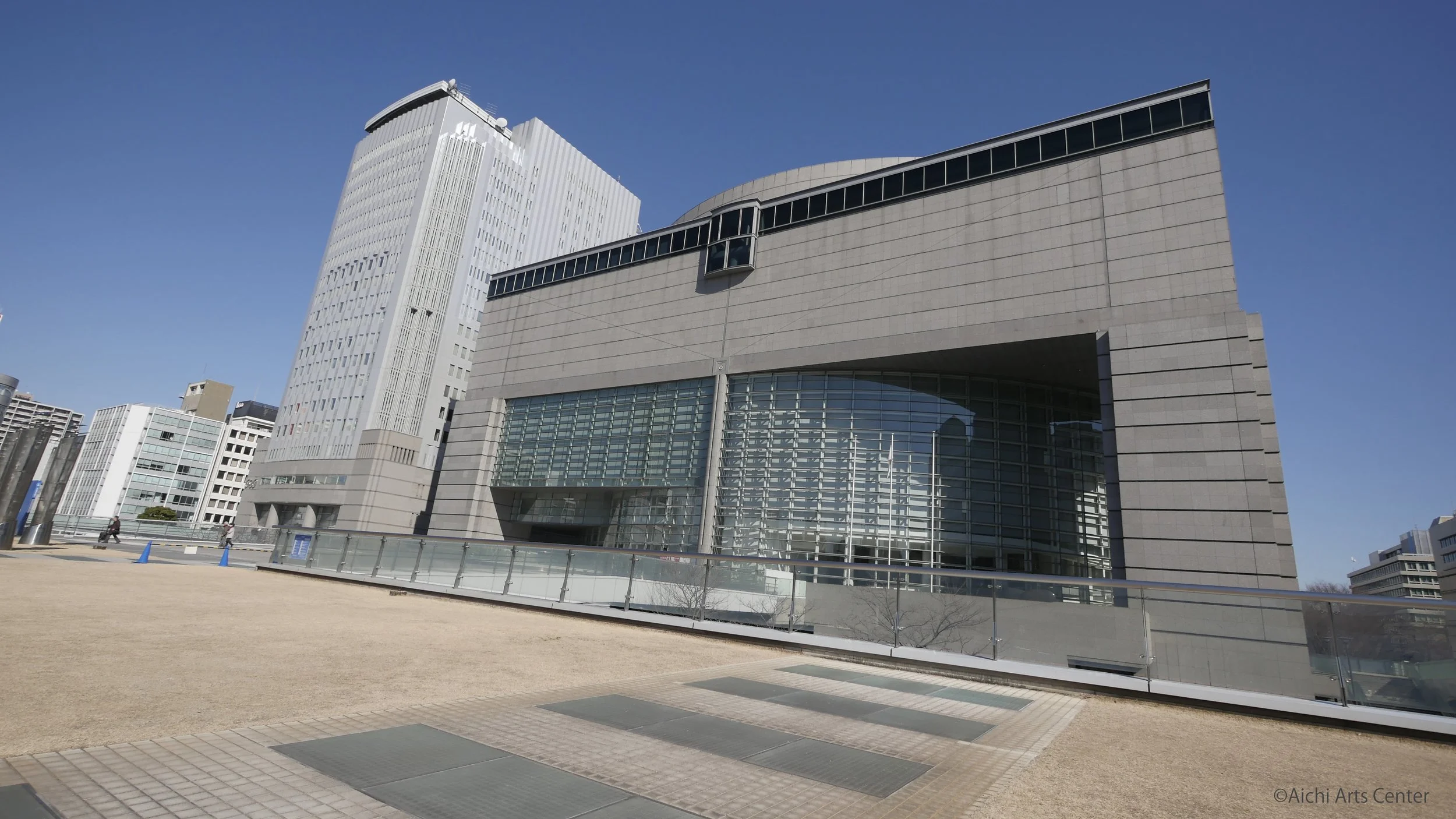 Aichi Arts Center exterior in Nagoya's Sakae district — home to Aichi Prefectural Museum of Art on the 10th floor.