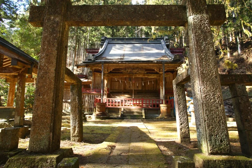 Wooden main hall of Kasoyama Shrine framed by a weathered stone torii, surrounded by ancient cedars in the sacred forest of Kanuma, Tochigi.