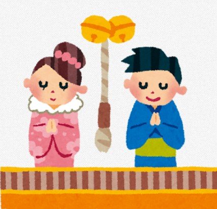 Illustrated children in traditional attire pray with hands together before a shrine bell and rope — Japanese hatsumode temple and shrine visit etiquette.