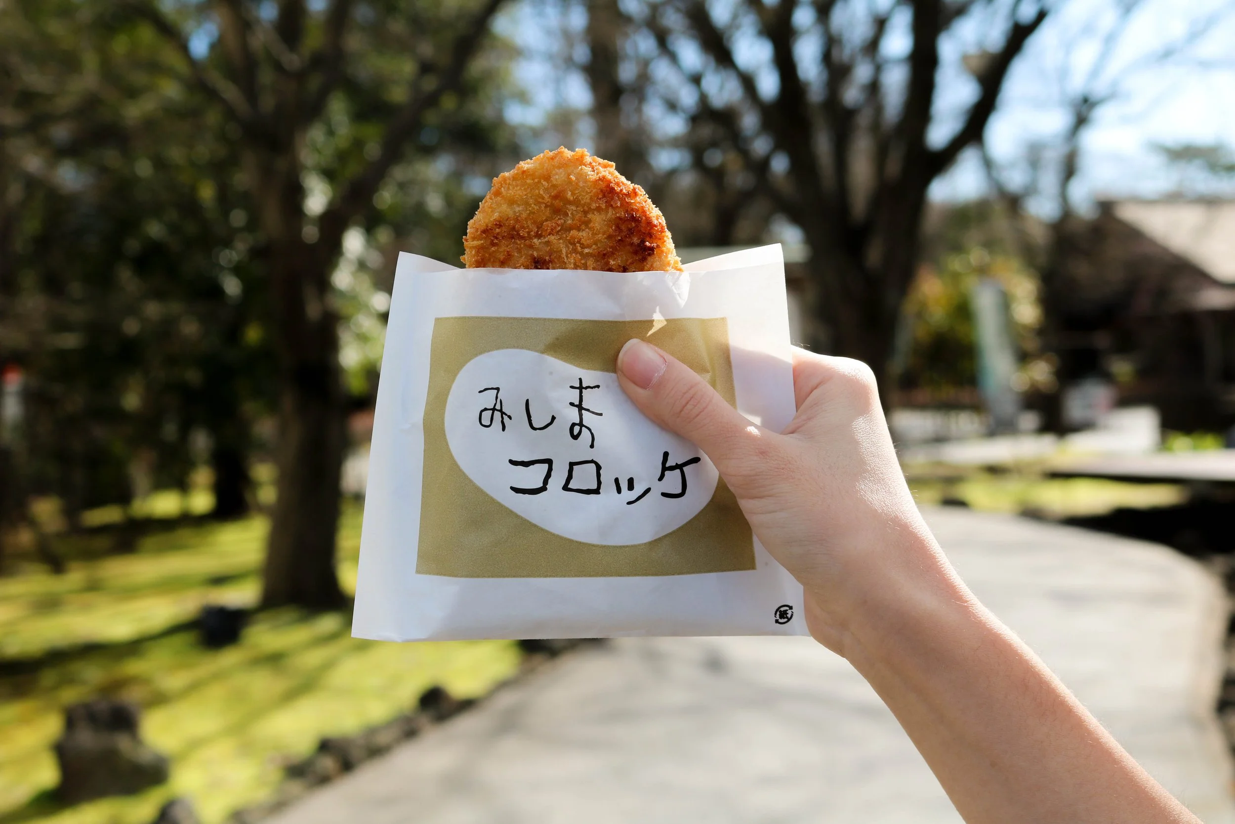 A hand holding a golden Mishima Korokke in a branded paper bag — crispy street food from Shizuoka, Japan, enjoyed outdoors.
