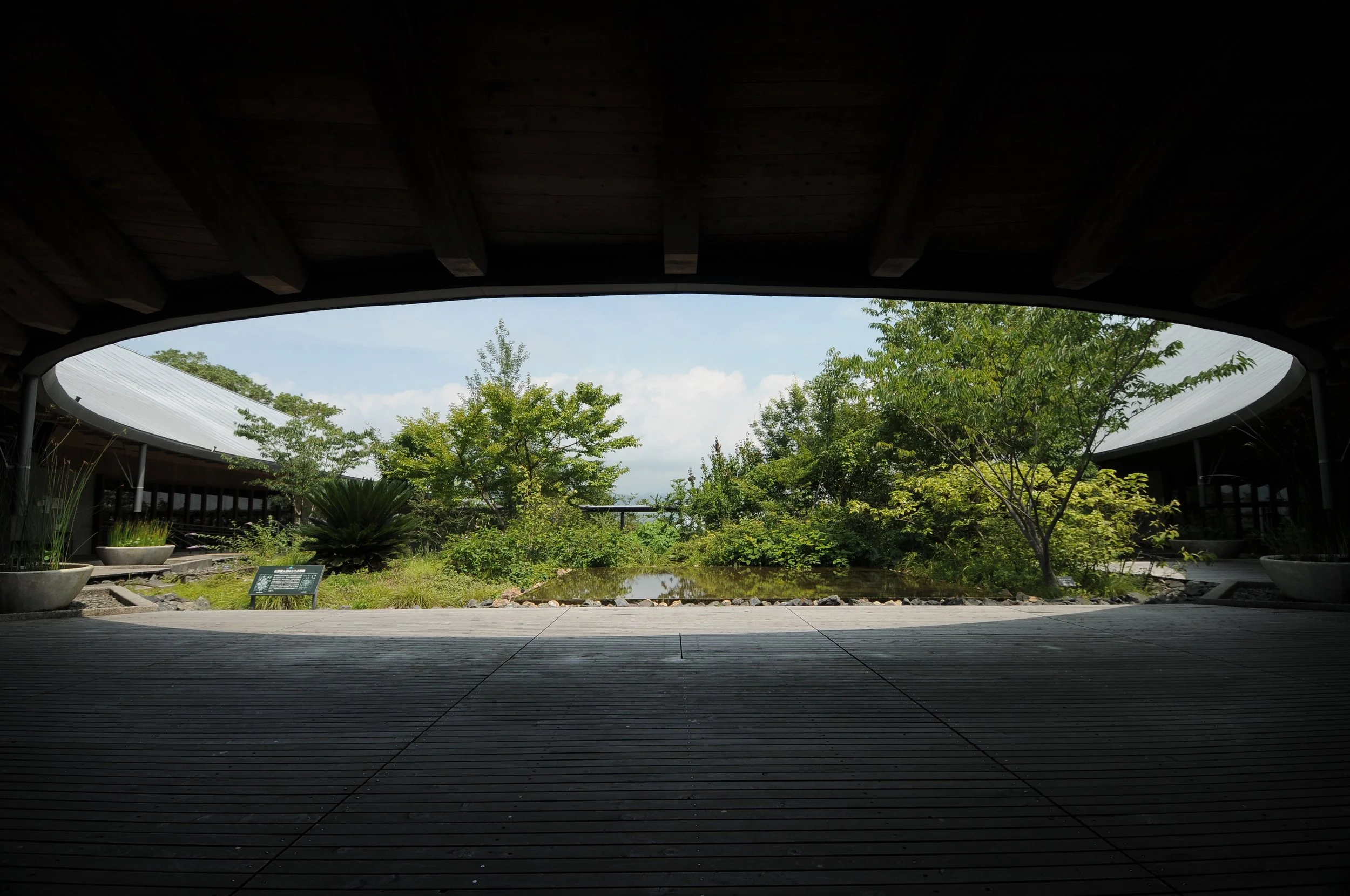 Serene courtyard framed by a curved wooden pavilion at Makino Botanical Garden in Kochi — a quiet, contemplative retreat in Shikoku.