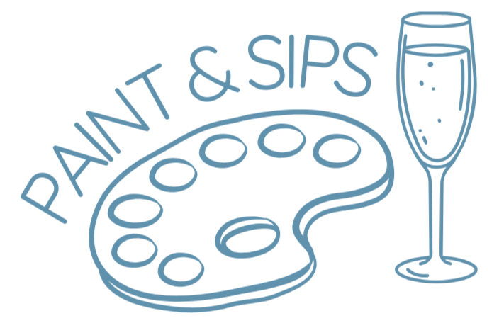 A line drawing of an artist's palette with paint dabs, a wine glass, and the text 'Paint & Sips' arranged around the palette.