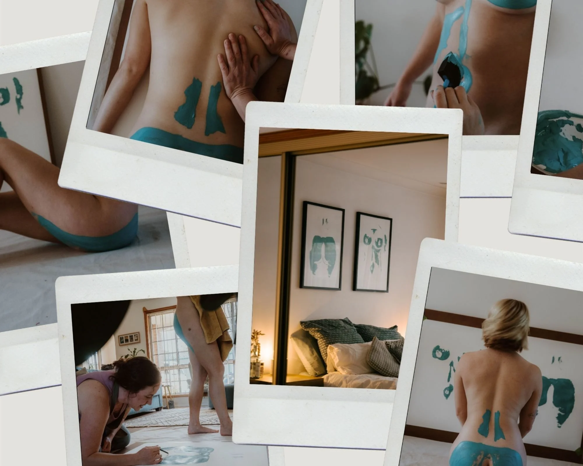 Collage of photos showing a woman having blue painted painted on her back, a bedroom with framed artwork of a body print, a woman painting on the floor, and a woman with short blonde hair with paint on her back.