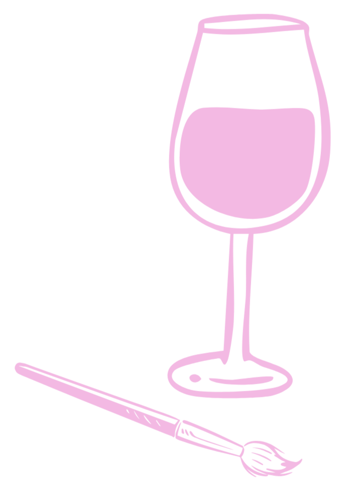 A pink outline of a wine glass filled with wine a paintbrush placed next to it promoting the paint and sip custom canvas workshops in Sydney.