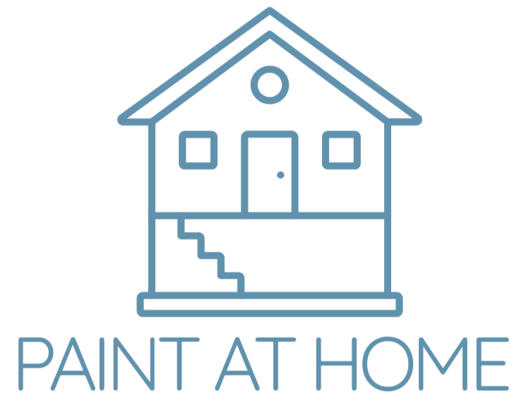 Simple line drawing of a house with stairs, windows, and a door, with the text "Paint at Home" beneath it.