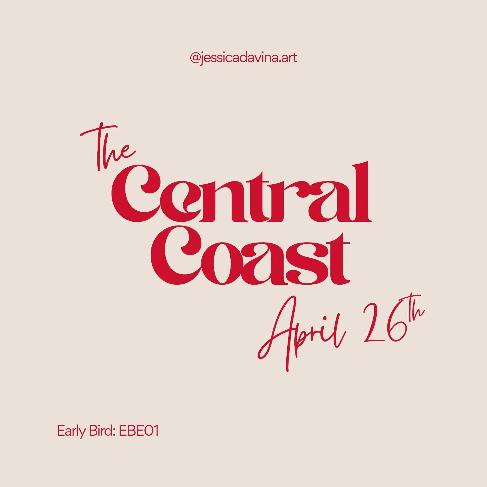Red text over cream background reading 'Central Coast Paint and Sip on April 26th' with early bird code listed beneath.