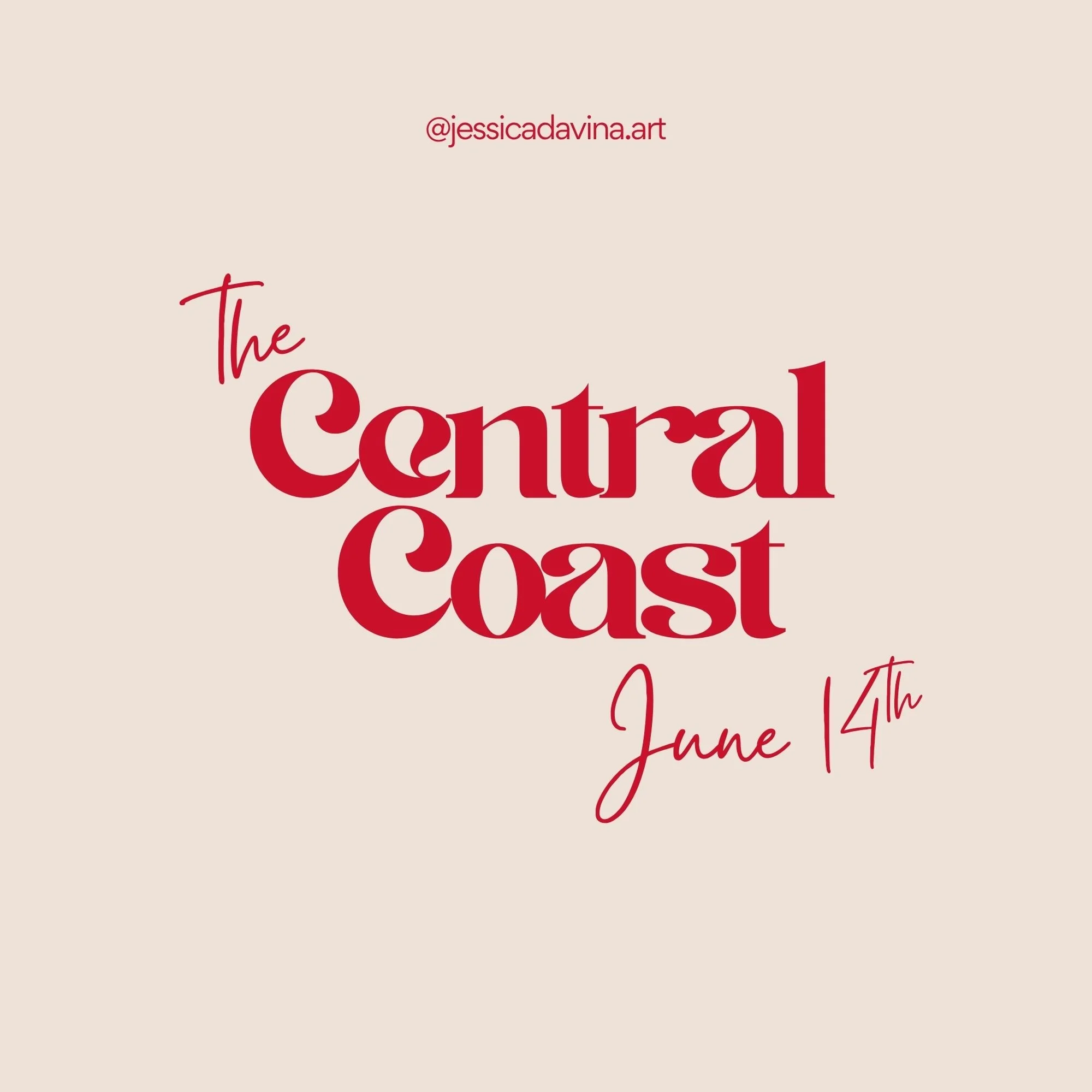 Red text over cream background reading 'Central Coast Paint and Sip on April 26th' with early bird code listed beneath.