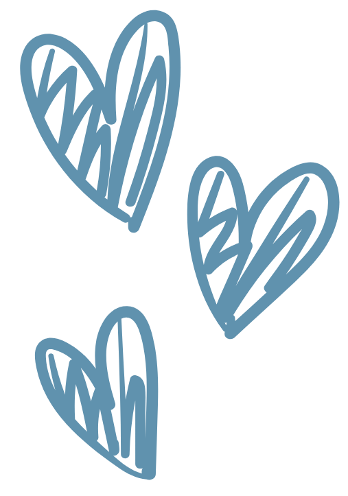Three blue hand-drawn hearts with sketchy lines on a transparent background.