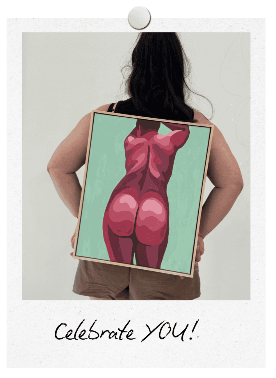 Woman with brown hair and her back to the camera holding a nude paint by numbers canvas of her body she painted in shades of pink with a mint green background at a paint and sip event in Sydney.