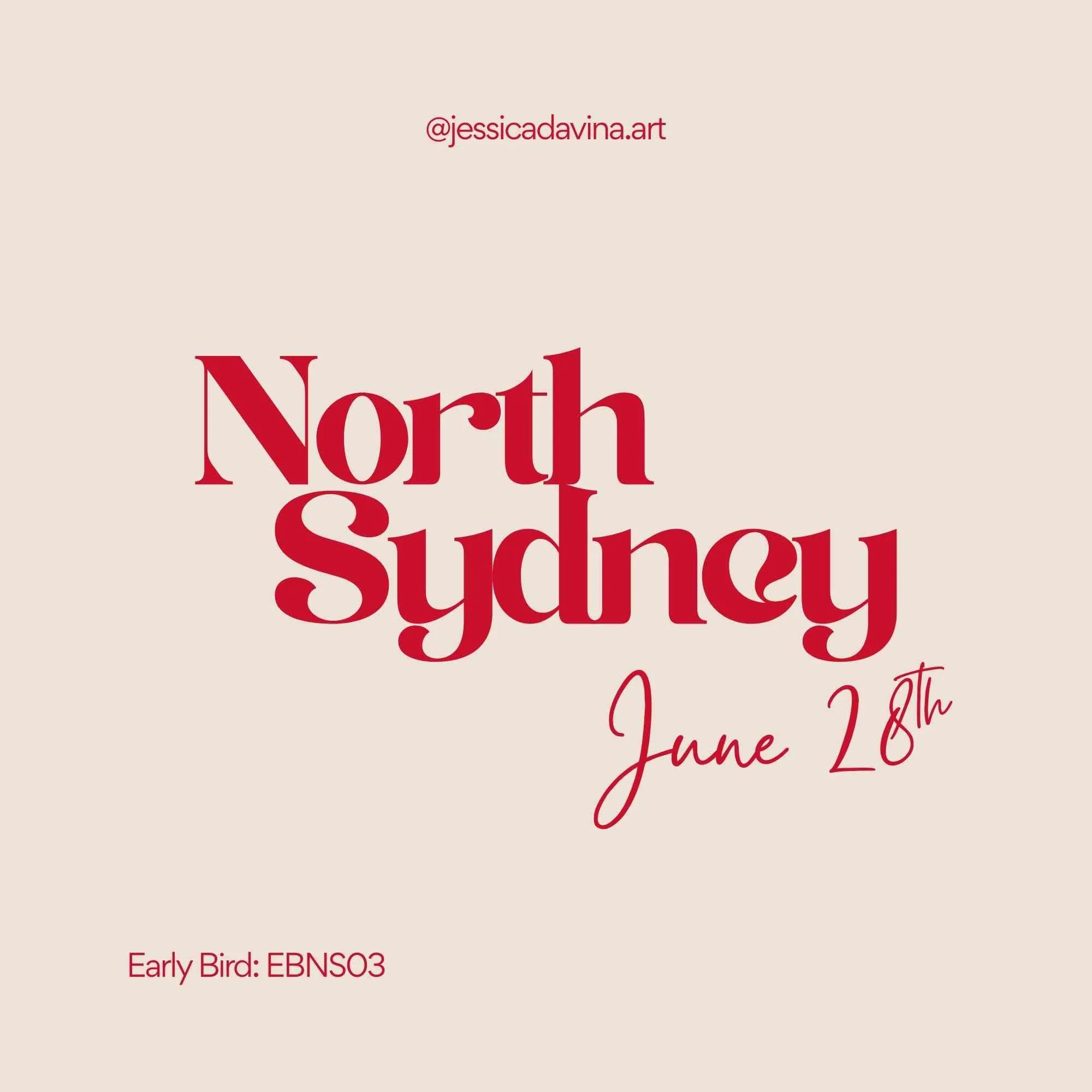 Red text over cream background reading 'North Sydney Paint and Sip on June 28th' with early bird code listed beneath.