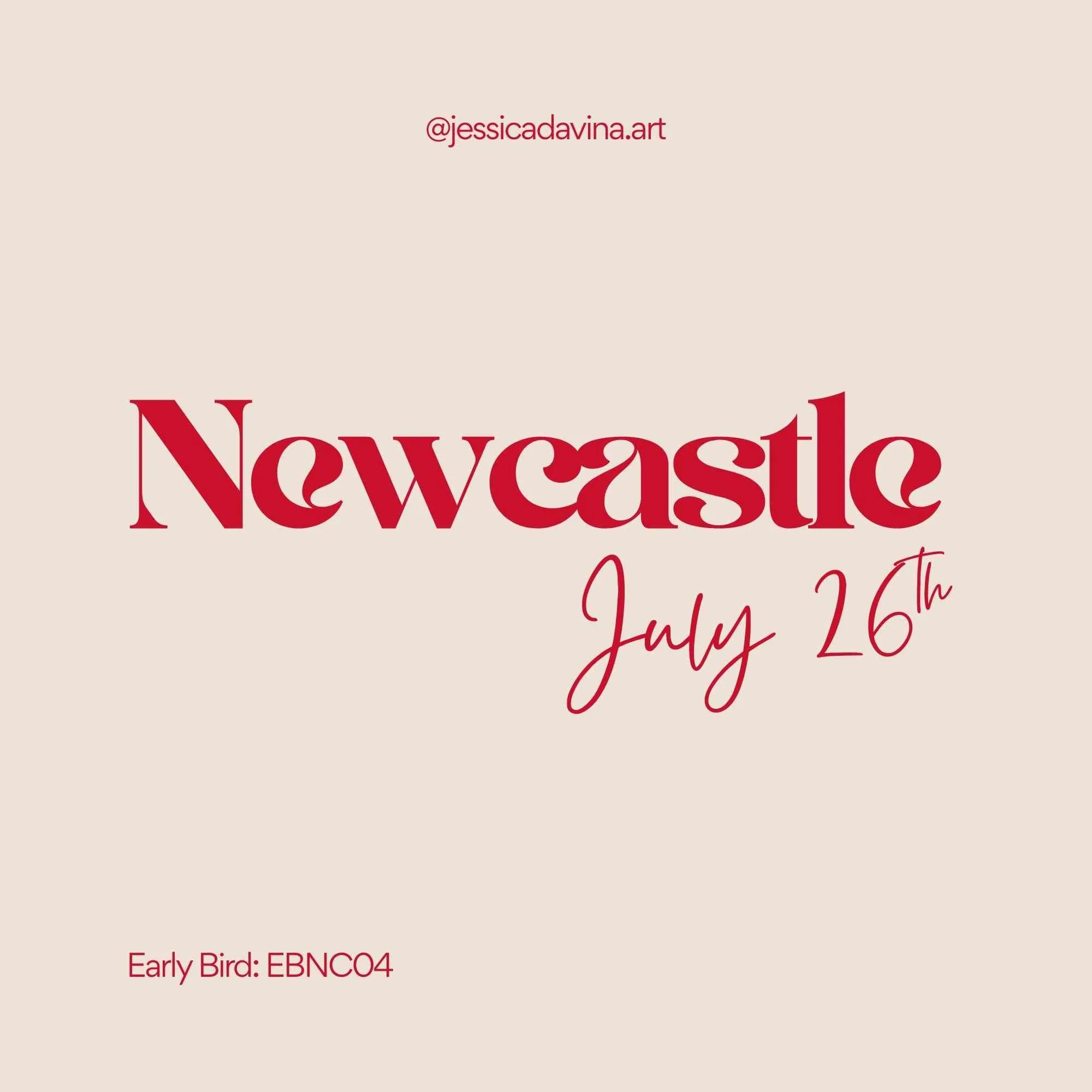 Red text over cream background reading 'Newcastle Paint and Sip on July 26th' with early bird code listed beneath.