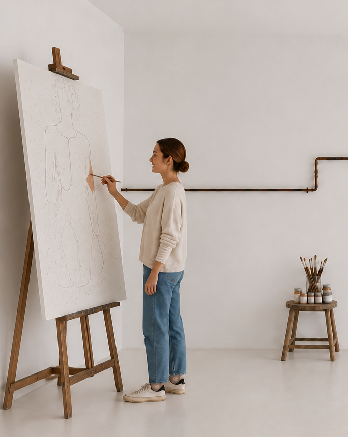 A caucasian women with brown hair is painting a large canvas in orange. She is wearing jeans and a cream long sleeve jumper. There is a stool next to her with paintbrushes and paint on it.