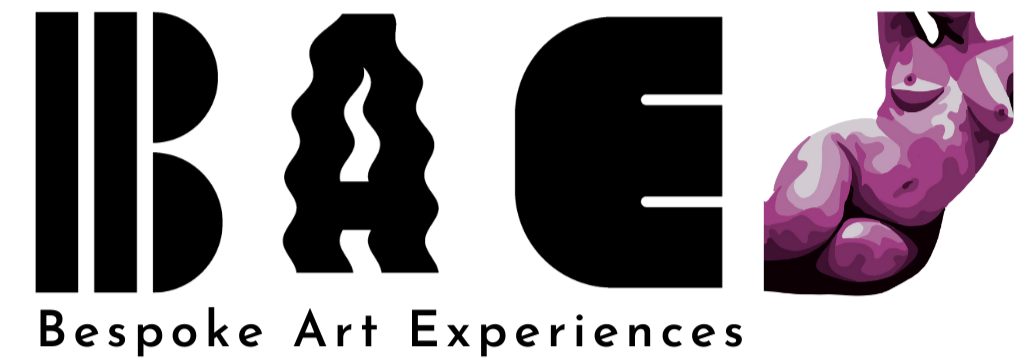 A graphic logo featuring stylized text with the letters B, A, E and a purple art work of  nude female body with the text 'Bespoke Art Experience' written underneath