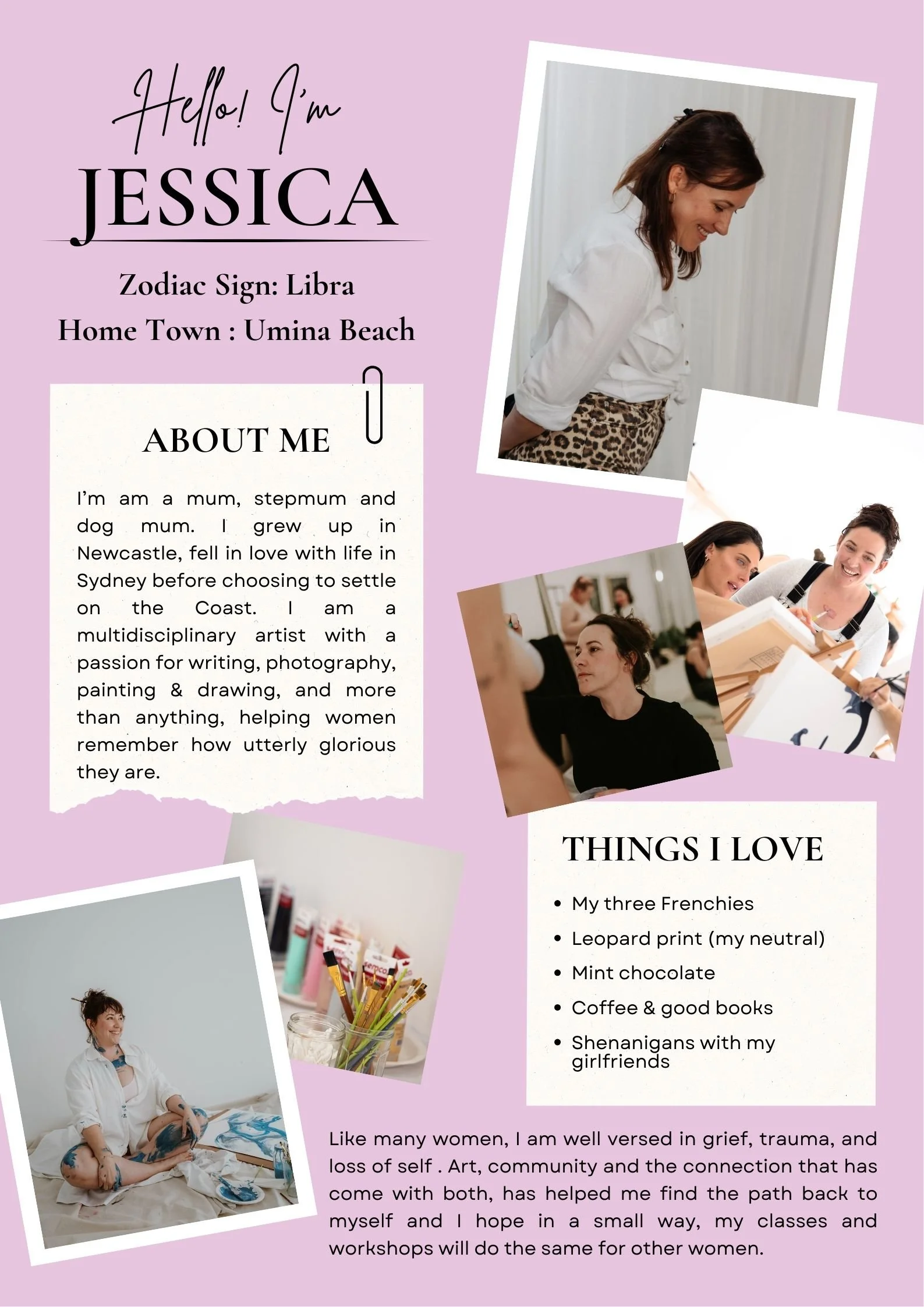 Introduction board featuring a photo collage of Jessica, a woman with brown hair, smiling in various settings including an art studio and social gathering. The board displays her name, zodiac sign (Libra), hometown (Umina Beach), brief bio about her life, work, and passions, along with a list of things she loves such as Frenchies, leopard print, mint chocolate, books, and her girlfriends.