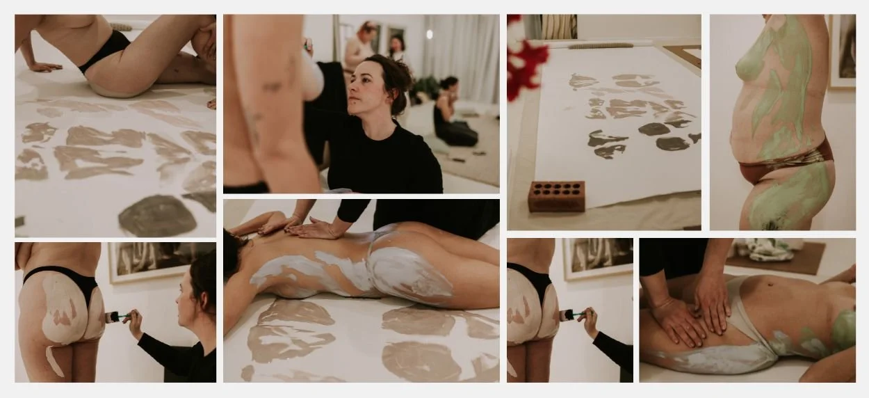 Collage of images showing women and their bodies being painted and printed by artist Jessica Davina as a part of a bony printing experience in Bondi