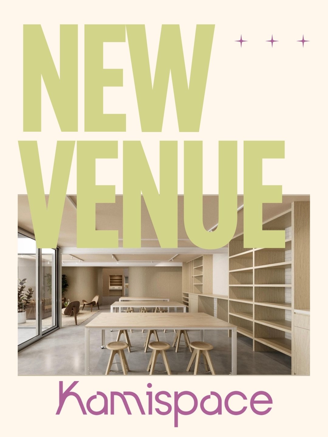 New venue poster for Kamispace with a photo of a modern room with wooden furniture with a Scandinavian minimalist aesthetic