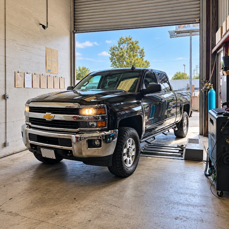 Black Chevrolet Silverado inside the inspection bay at Hernandez Smog Check in Whittier, CA.