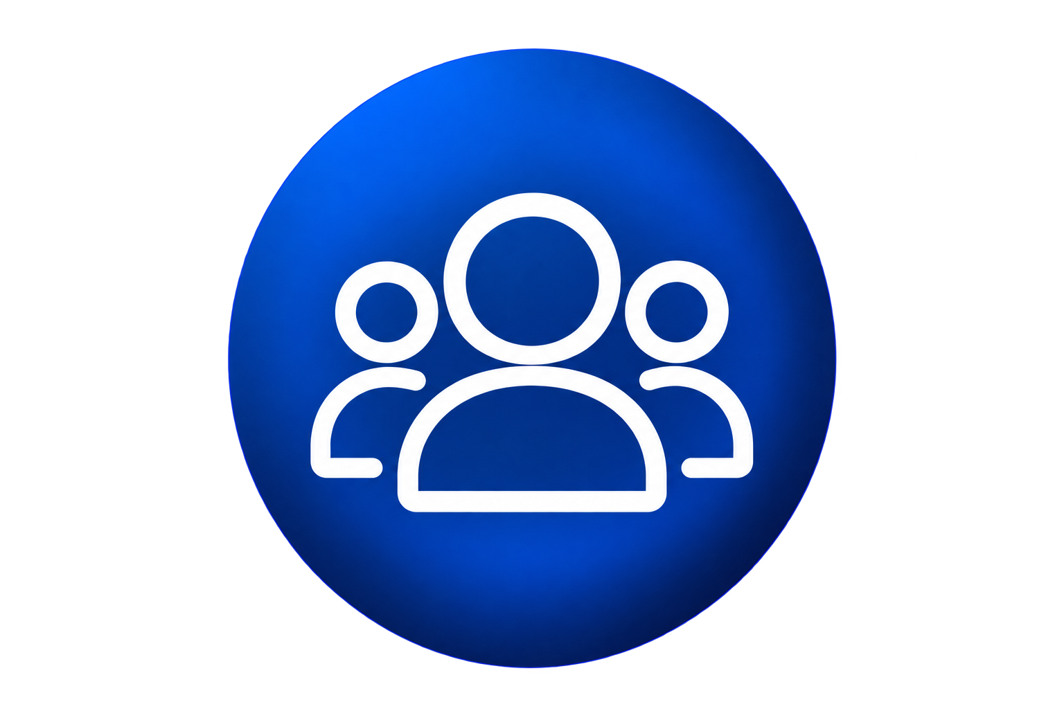White icon depicting a group of three people on a blue circular background.