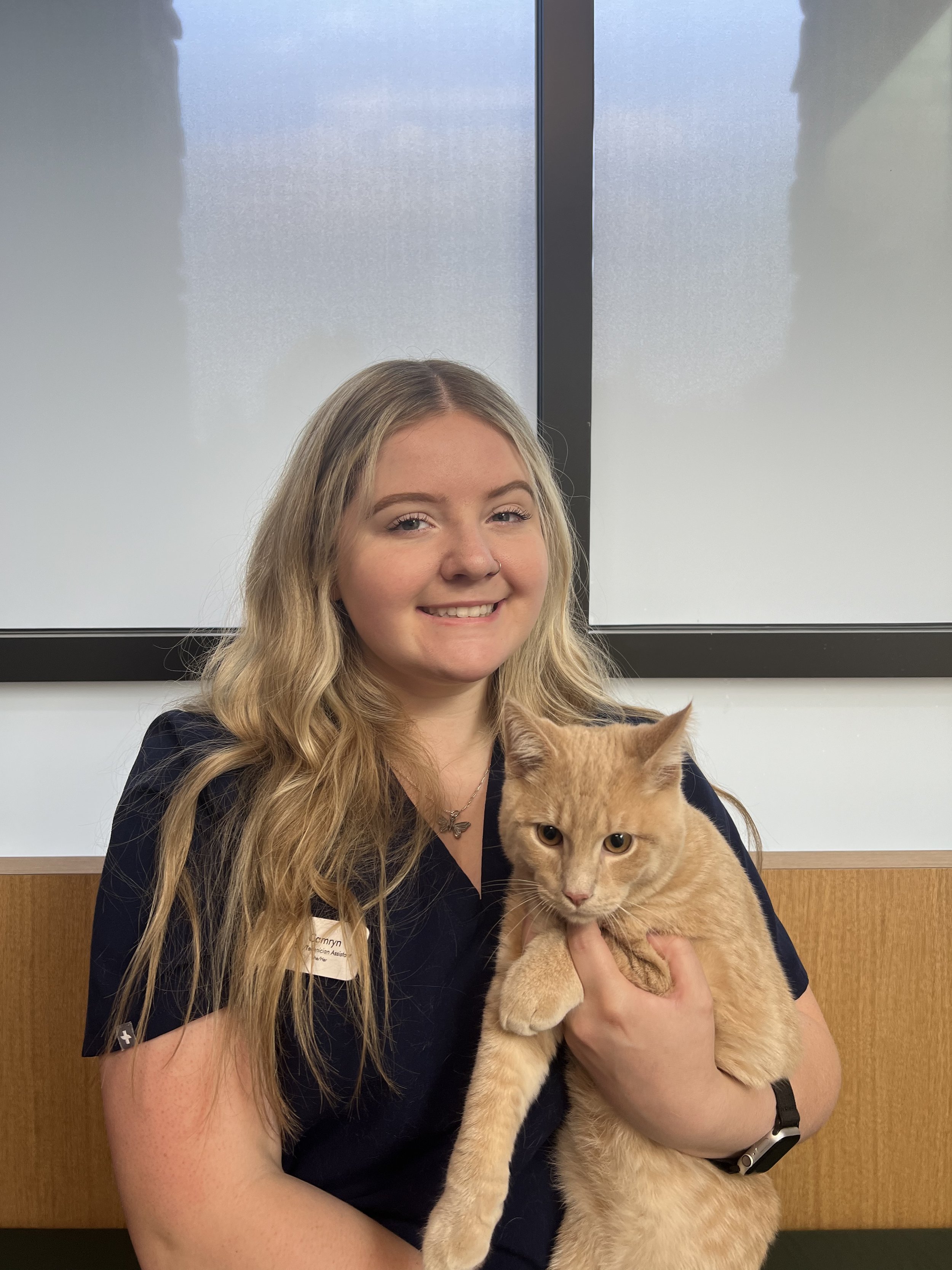 A young woman with long blonde hair holding an orange tabby cat in front of a window with frosted glass.