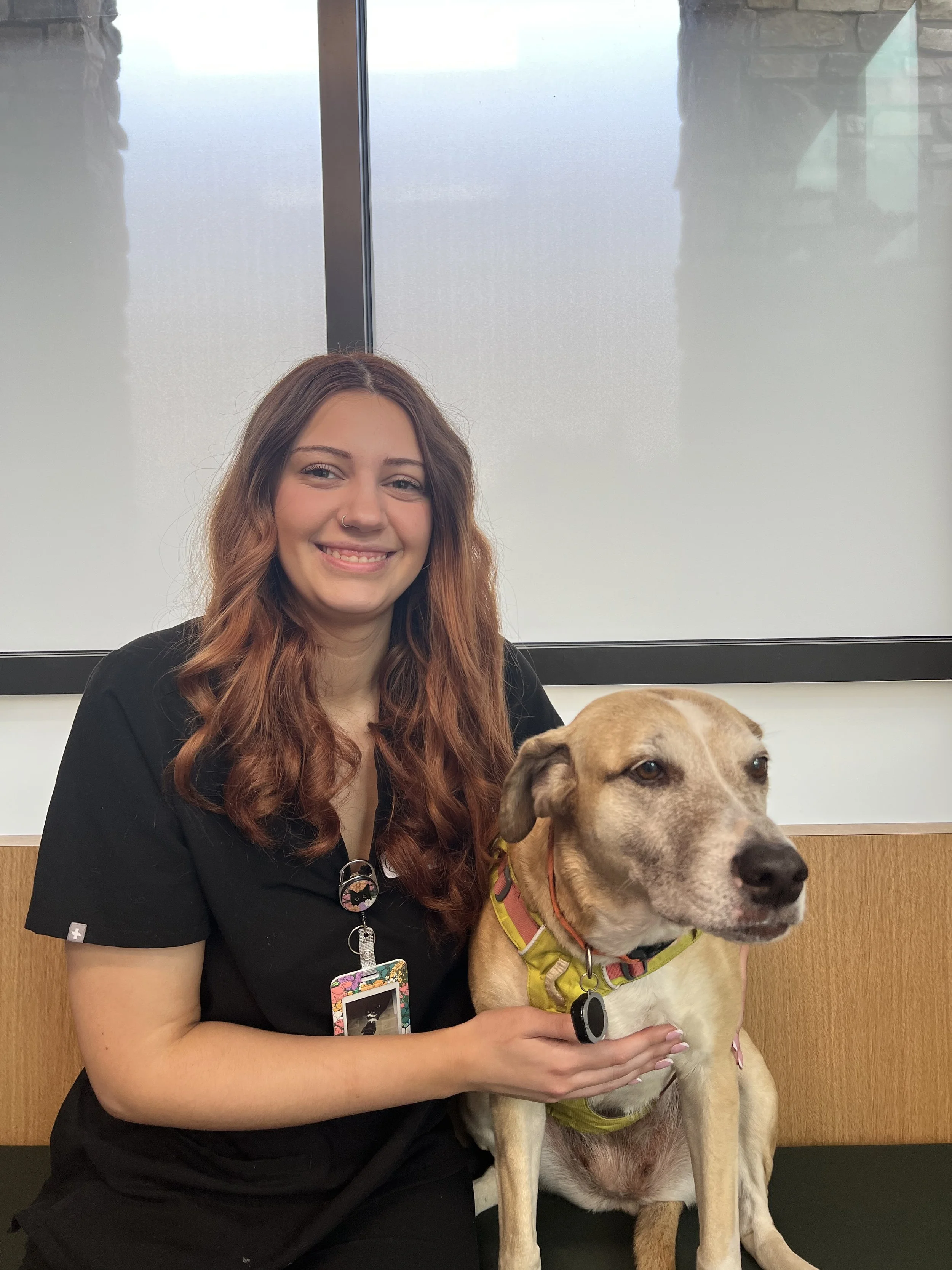 A woman with long, wavy, reddish-brown hair and a nose ring is smiling and sitting with a yellow Labrador Retriever service dog. The woman is dressed in a black shirt and wearing a colorful lanyard with multiple accessories and a badge. The dog is wearing a yellow harness and is sitting calmly in front of her. They appear to be indoors near a frosted glass window or wall.