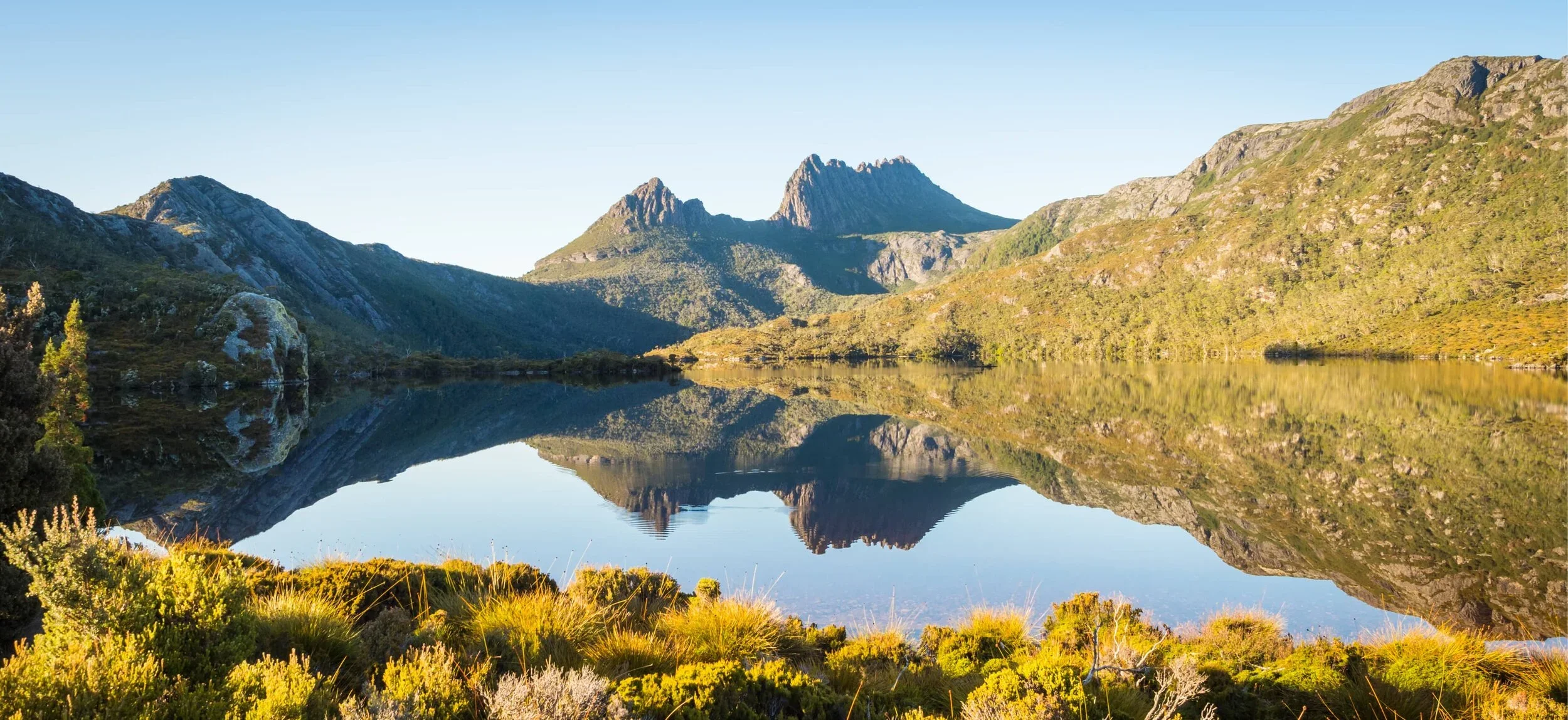 Mountains reflected in a calm lake surrounded by green vegetation and yellow grasses during daytime.
