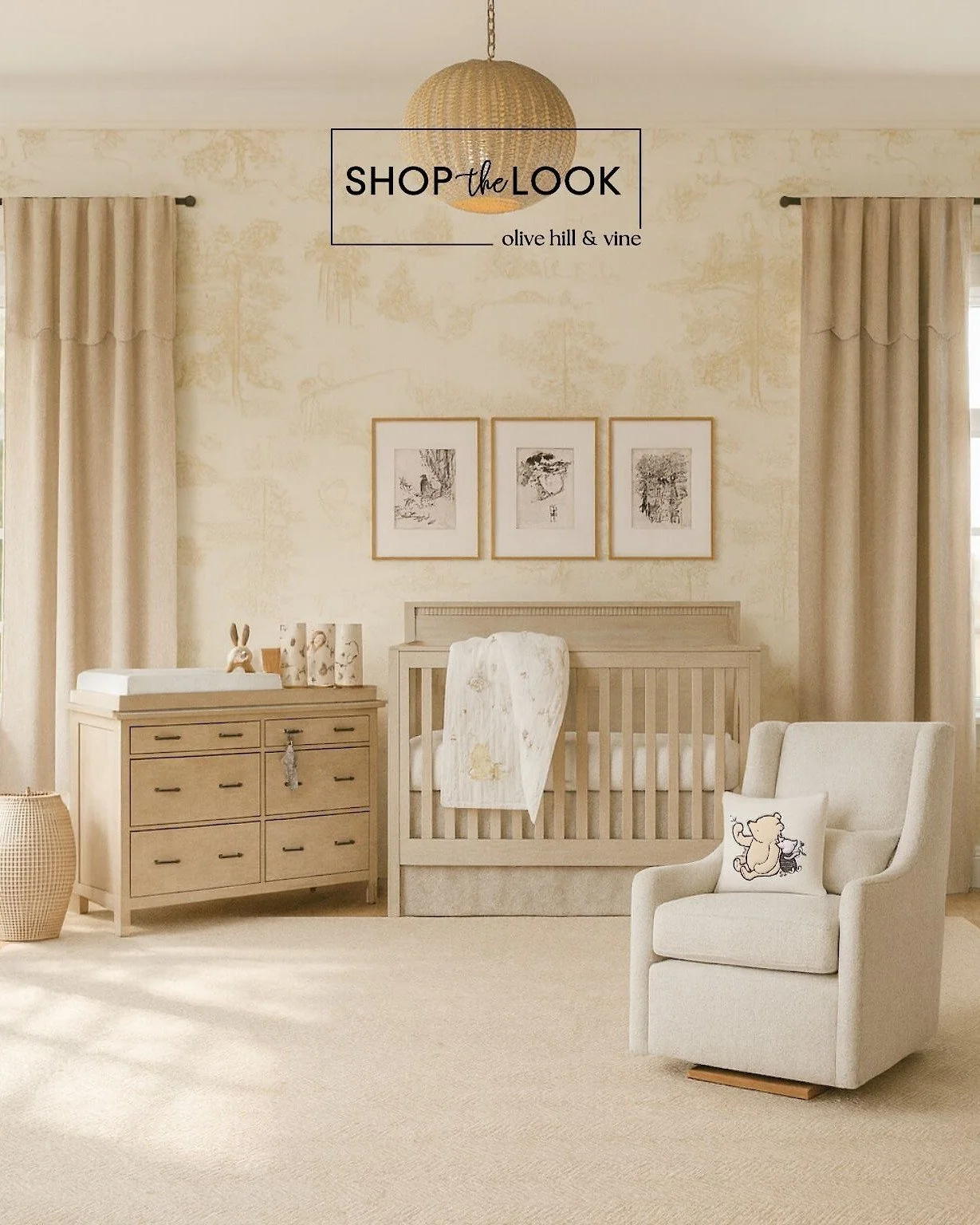 A timeless nursery that balances sophistication with Winnie the Pooh charm. Soft toile wallpaper, tailored linen, and vintage-inspired furniture pair with classic Pooh prints, a herringbone rug, and wood-bead light for an elegant, storybook haven. 

