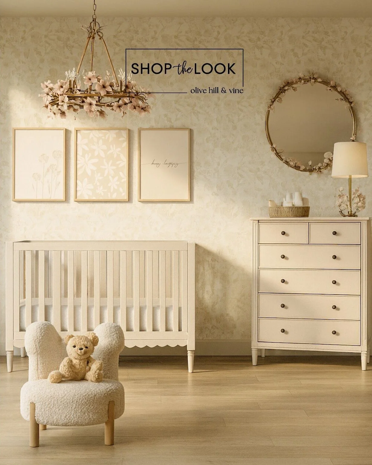 Thoughtfully curated with romantic florals, antique gold accents, and heirloom-quality furniture, this nursery balances timeless elegance with playful charm&mdash;perfect for little ones to grow and dream in. 

Comment SHOP below to receive a DM with