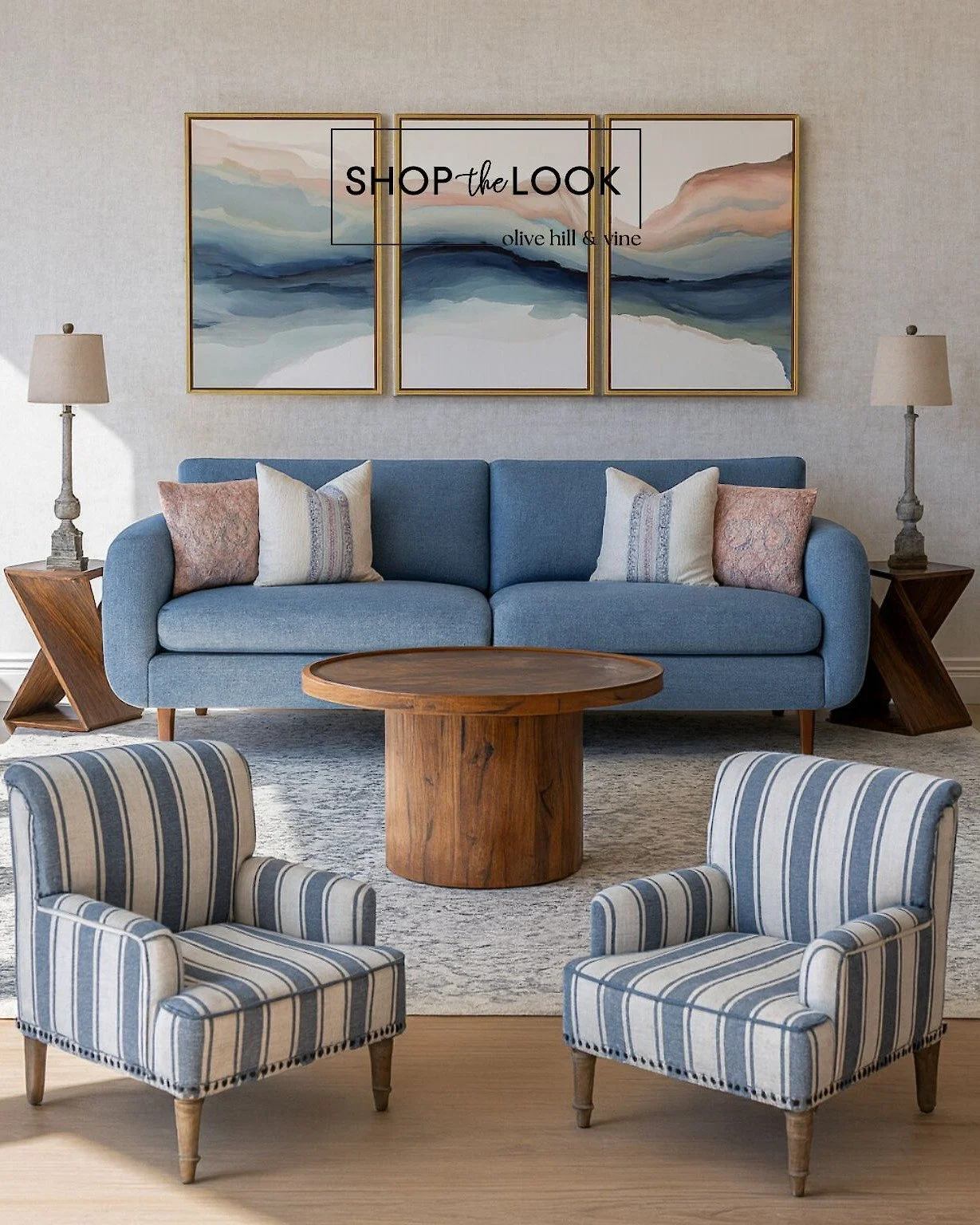 A fresh take on timeless design&mdash;warm wood tones, calming blues, and soft pinks bring balance to this curated living room. From retro velvet seating to striped armchairs and artisan tables, every piece blends style with lasting comfort. 

Commen