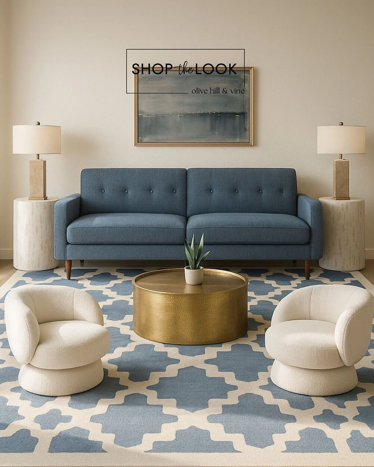 Step into a blue and white haven with mid-century flair&mdash;linen tufted sofa, boucle swivel chairs, and a hammered gold coffee table. Layered with warm lighting and a patterned rug, it&rsquo;s modern comfort with a polished touch. 

Comment SHOP b