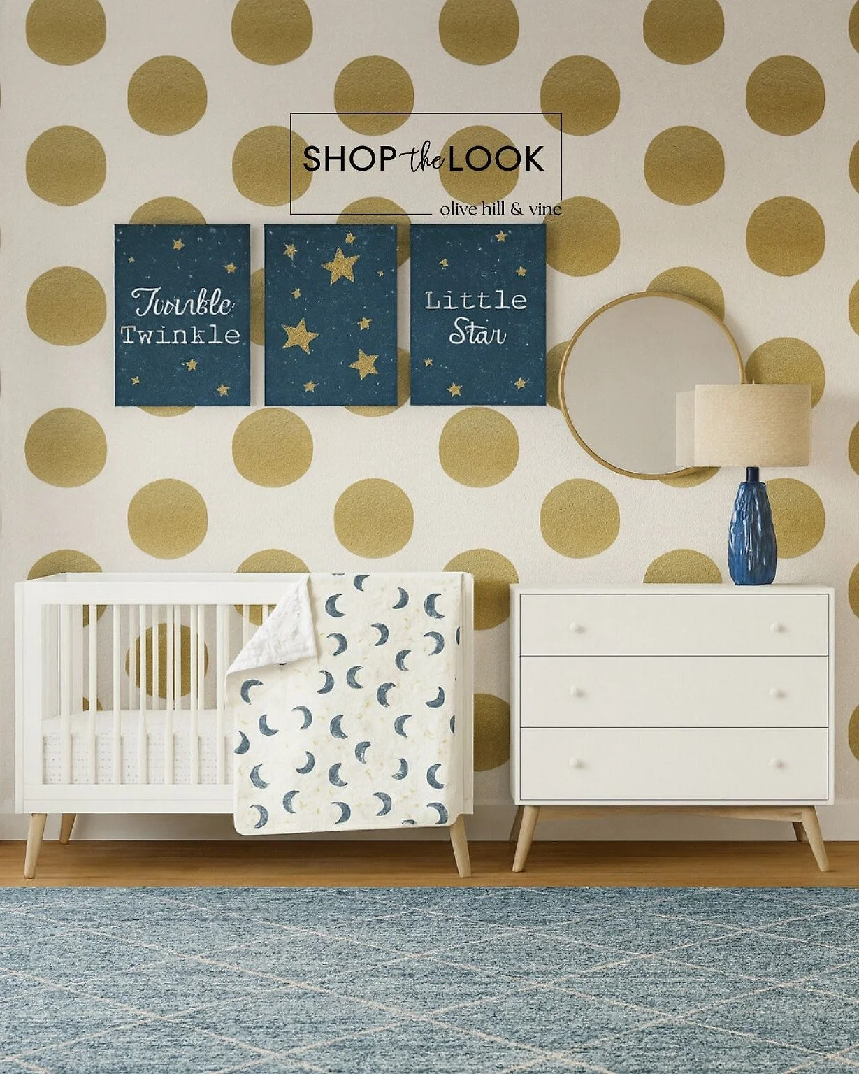 Drift into dreamy nights with our &ldquo;Twinkle Twinkle Little Star&rdquo; nursery. White furniture, starry bedding, a plaid rug, and celestial artwork come together against bold gold polka dot wallpaper for a magical space that shines day and night
