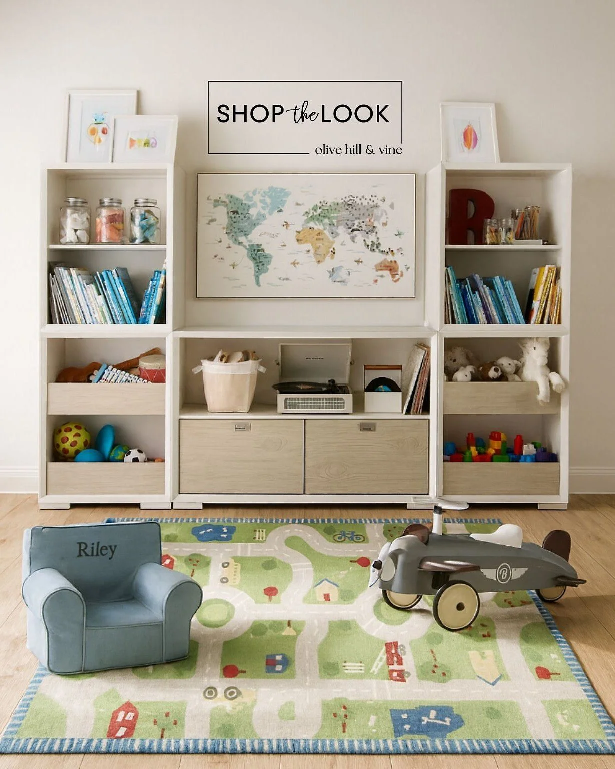 Bring style and function together in this playful setup! A mix of open shelves and hidden storage keeps things tidy, while the road rug, ride-on airplane, world map art, and personalized chair spark endless adventures. 

Comment SHOP below to receive