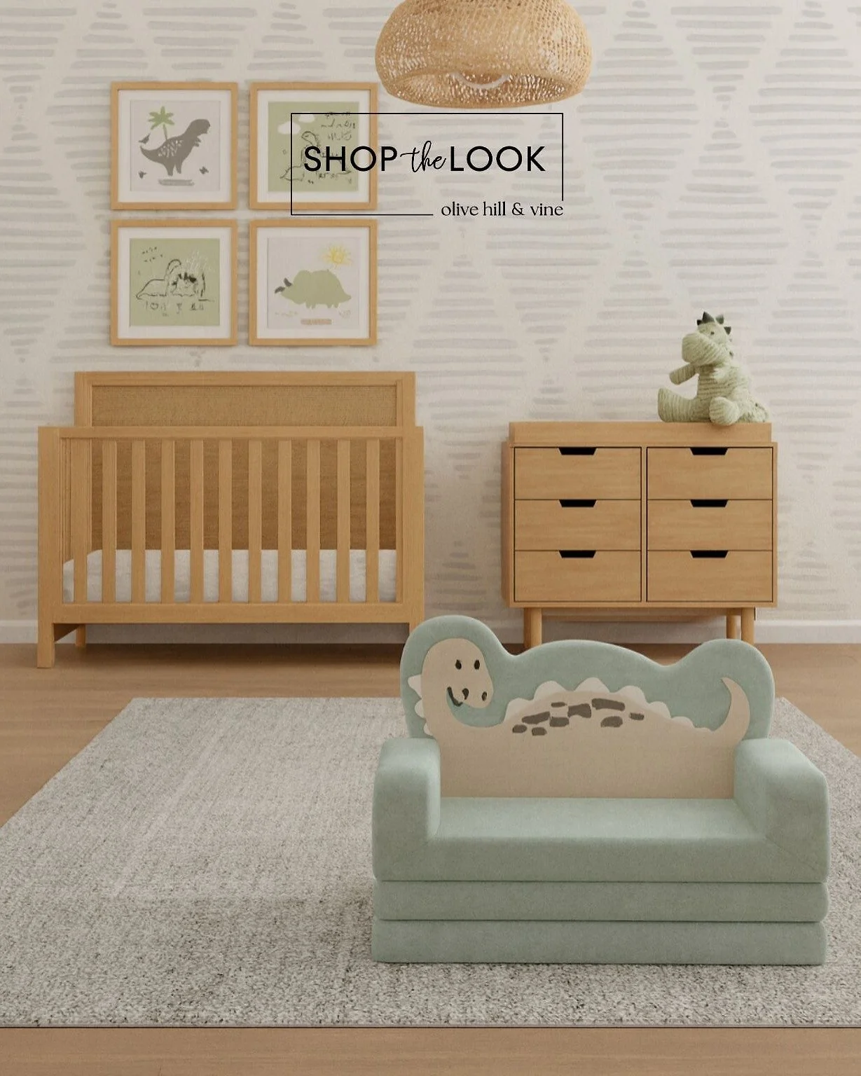 Playful dinos meet natural textures in this nursery design. Warm wood crib and dresser, mint-green toddler sofa, woven pendant, and whimsical wall art bring charm and light to a space little ones will love. 

Comment SHOP below to receive a DM with t