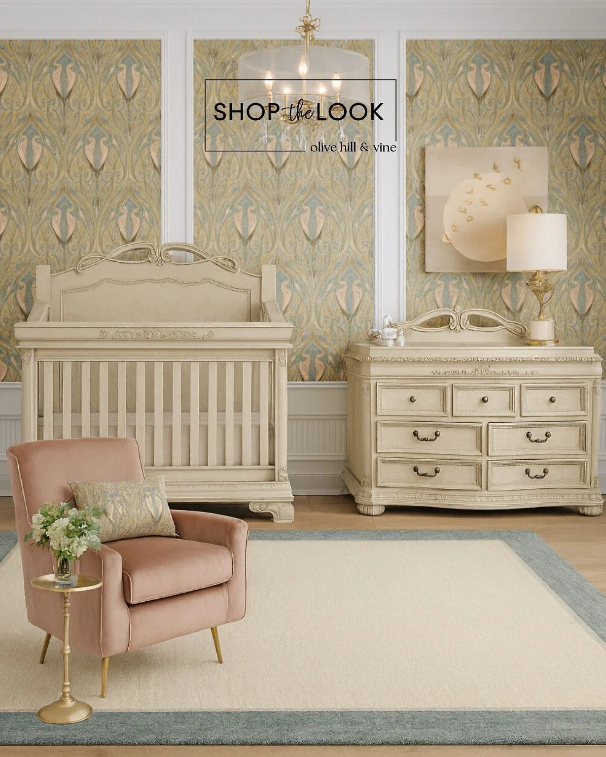 This nursery pairs vintage-inspired furniture with crane wallpaper, a plush blush chair, and soft accents. A refined space with timeless charm, blending elegance and comfort for little ones while keeping the style fresh and sophisticated. 

Comment S