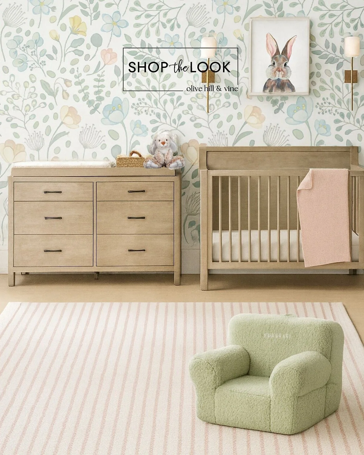 A whimsical bunny nursery with floral wallpaper, metal sconces, and playful bunny art. Soft pinks and greens pair with a 4-in-1 convertible crib and dresser with changer shelf, creating a timeless, dreamy space for your little girl to grow. 

Comment