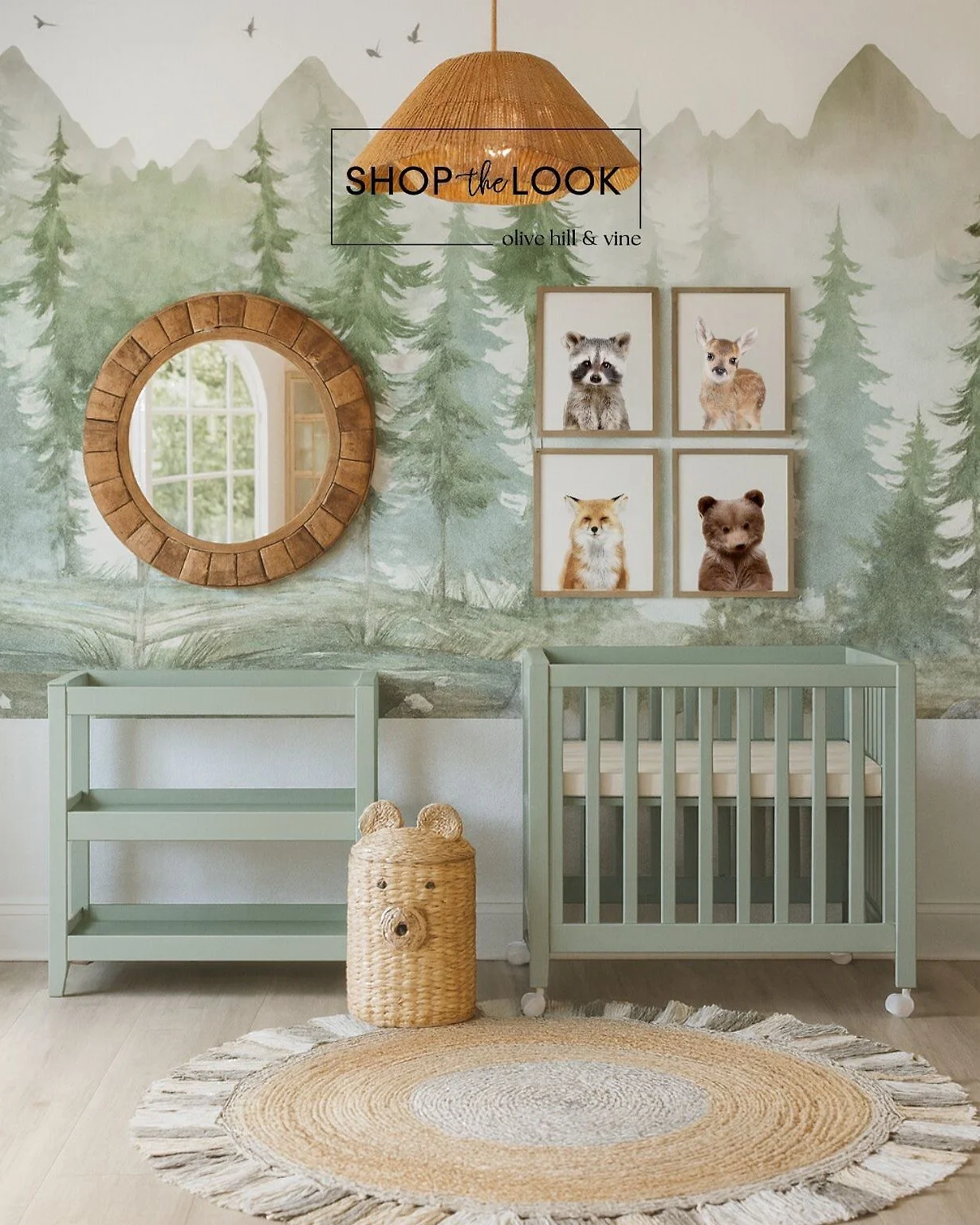 A serene woodland nursery featuring sage-green furniture, a mountain forest mural, and natural textures like rattan and woven jute. Warm wood accents and sweet animal prints bring a peaceful, storybook charm to the space. 

Comment SHOP below to rece