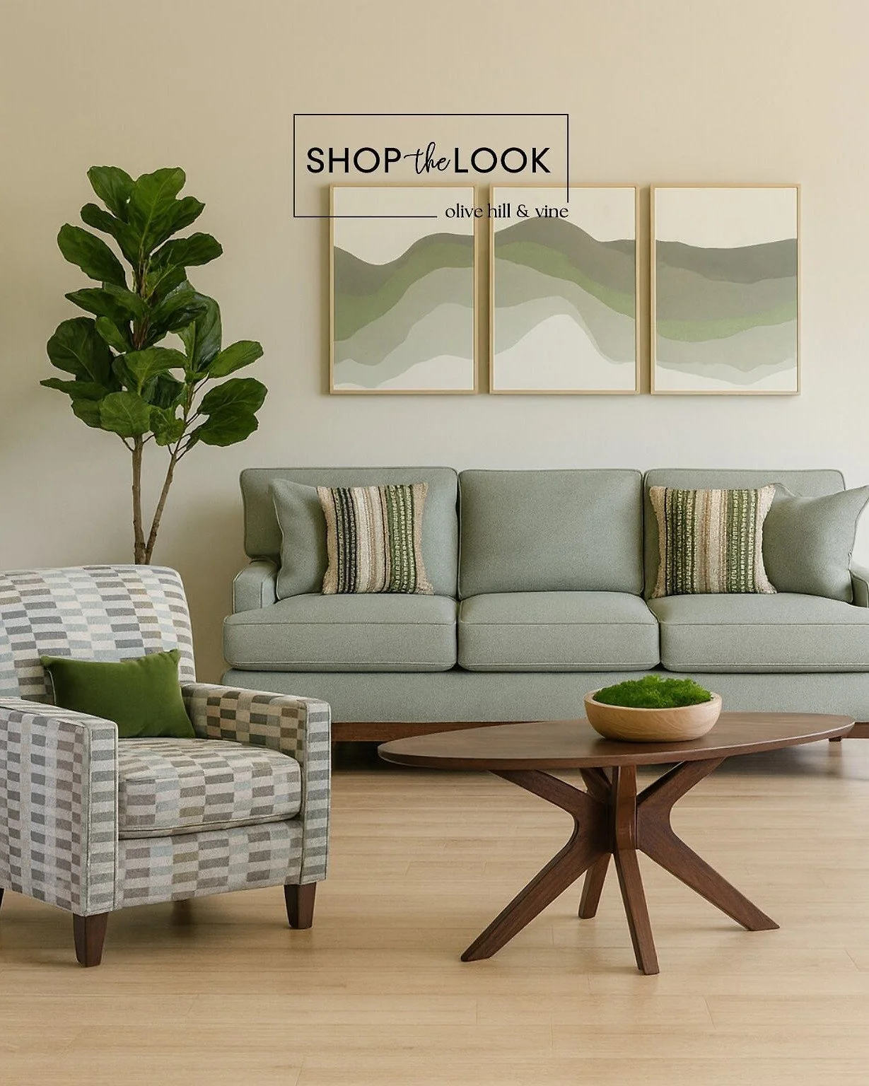 A soothing blend of modern and mid-century design&mdash;this living room features a sage sofa with velvet pillows, abstract wall art, a geometric accent chair, and a sculptural wood coffee table accented by a moss bowl for natural texture. 

Comment 