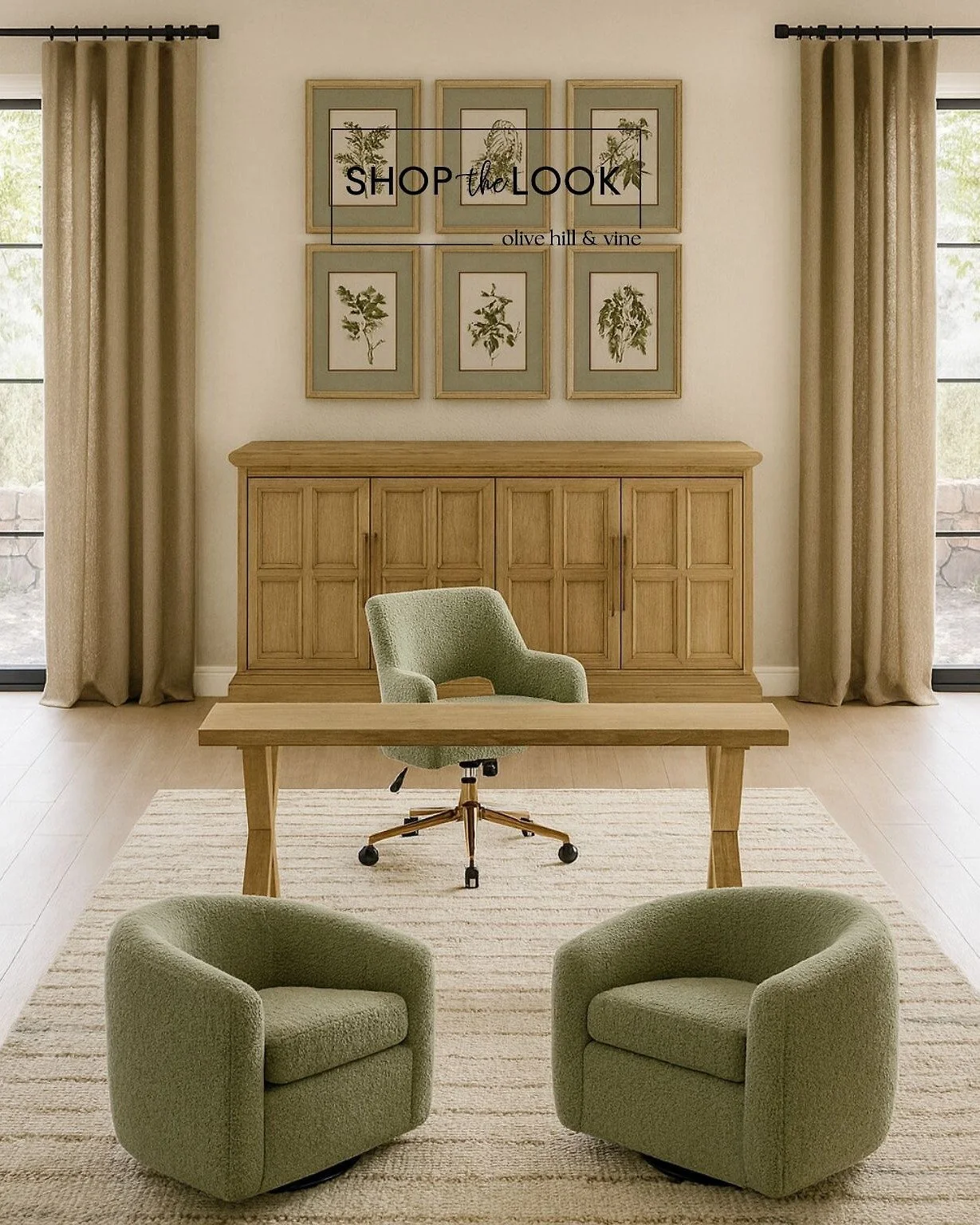 This office blends calm sophistication with natural warmth. Textured greens meet soft oak wood tones, while plush barrel chairs and a gold-accented task chair add comfort and polish. A perfect mix of function, storage, and timeless design. 

Comment 