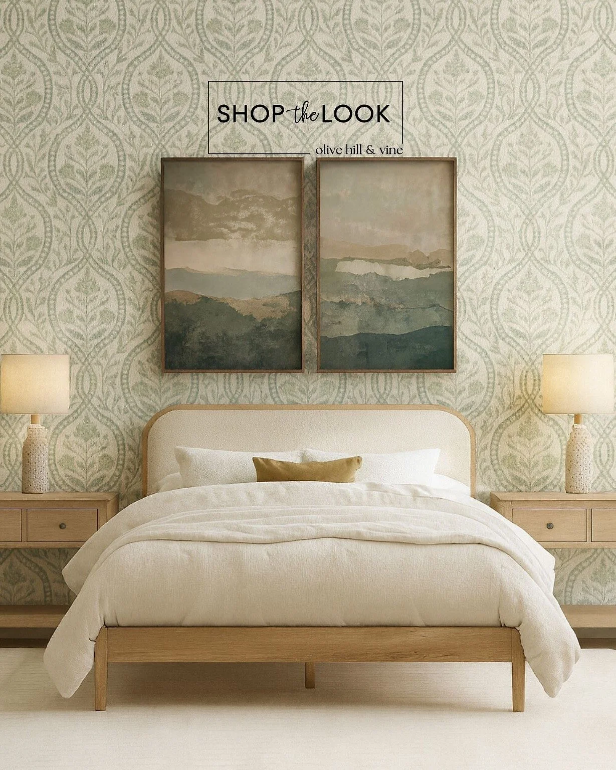 Soft patterns meet serene formality in this calming bedroom. A rounded upholstered bed anchors the space, framed by wildflower damask wallpaper, retro ceramic lamps, and Japandi-inspired artwork&mdash;where natural texture and modern simplicity feel 