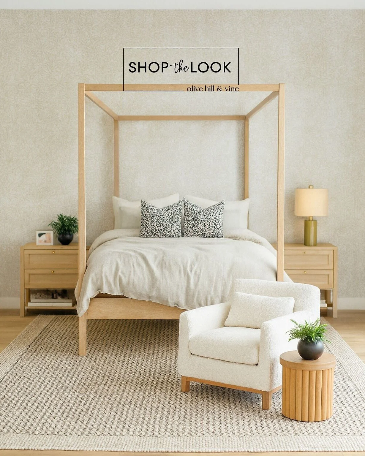 Natural textures meet quiet luxury in this calming bedroom. A pale ivory William Morris willow wallpaper pairs beautifully with a light oak canopy bed, linen bedding, and artisan block-print pillows. The look is grounded by a zigzag rug and fluted ac