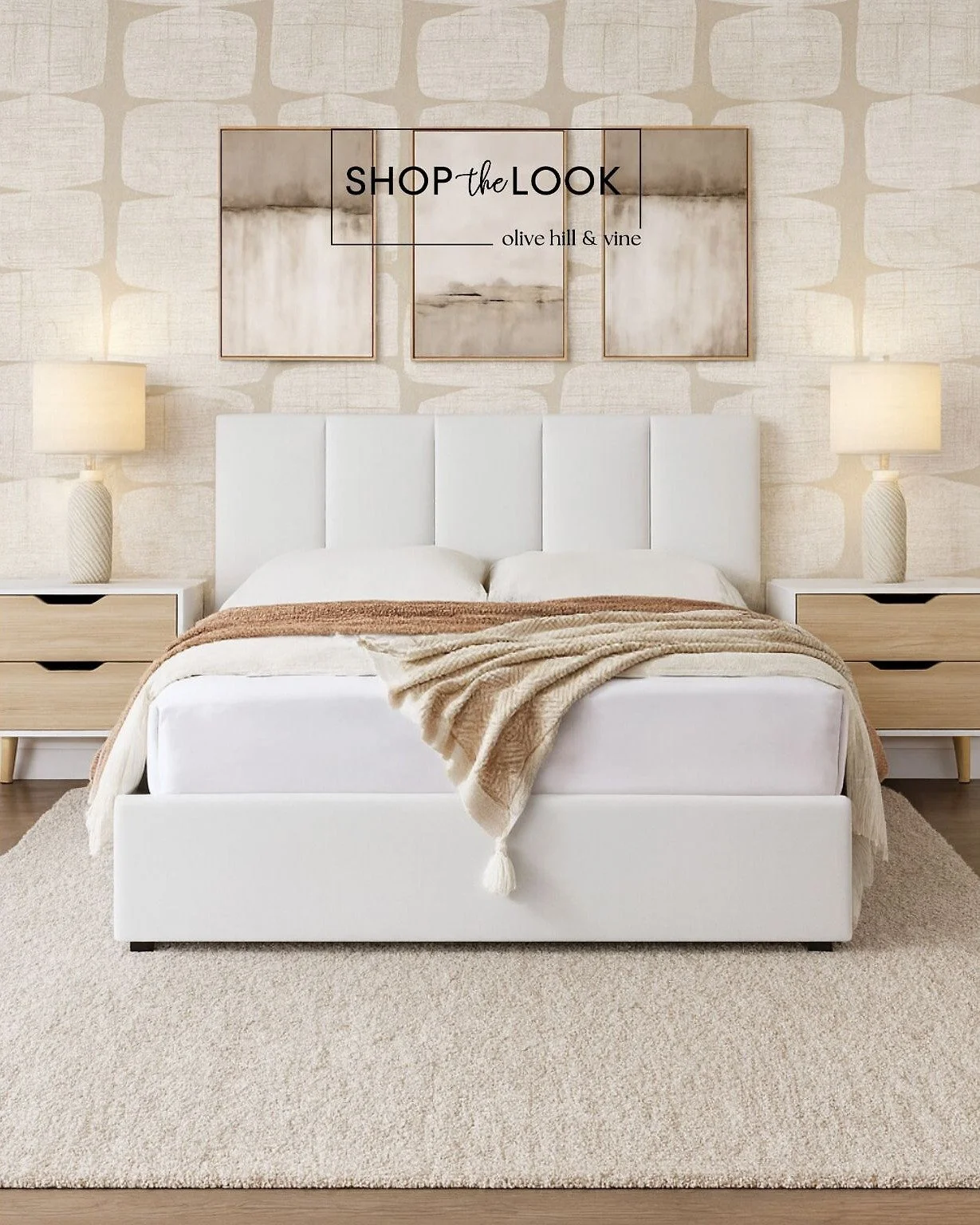 Soft tones meet modern ease in this neutral retreat. The geometric beige wallpaper brings rhythm, while a storage bed and sleek nightstands keep it fresh. Layered textures&mdash;rug, throw, lamps&mdash;add warmth and calm for a space that feels effor