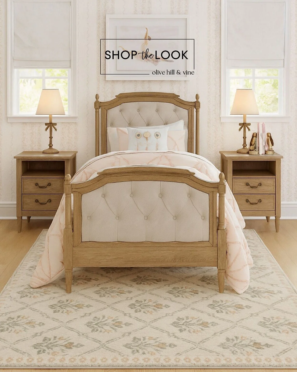 Ballet Chic bedroom style meets timeless grace with a tufted wood bed, elegant nightstands, and bow-accented lamps. Ballet artwork and golden slipper bookends add a graceful touch, tying together this softly layered, blush-toned retreat. 

Comment SH
