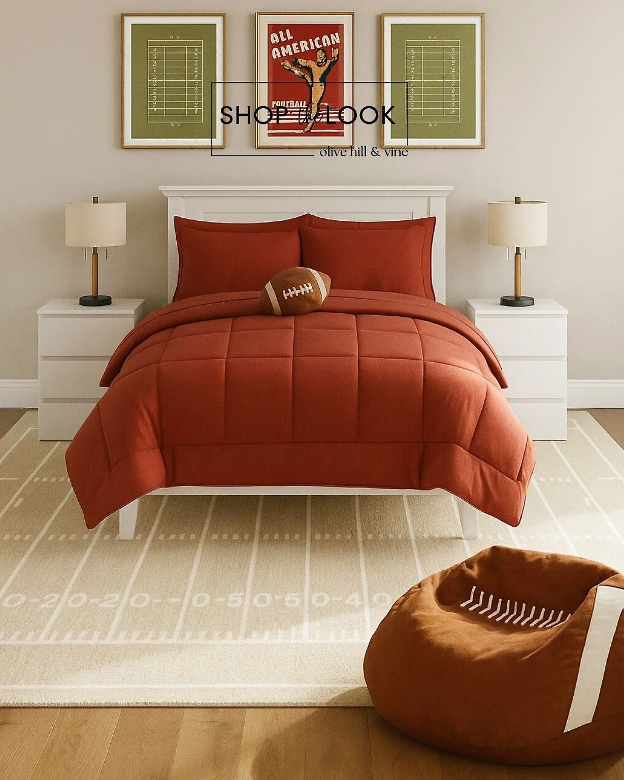 Game day style meets everyday comfort. Bold red bedding, football art, and a turf-inspired rug score major design points&mdash;while the beanbag adds a fun touchdown moment for any sports-loving kid. 

Comment SHOP below to receive a DM with the link
