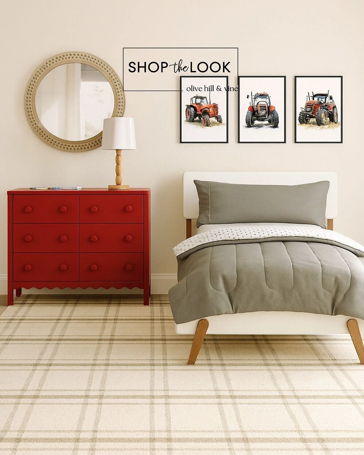 A bold red dresser, tractor art, and warm neutrals give this little bedroom a fun farmhouse vibe. Soft textures, a plaid rug, and simple shapes keep the look fresh, modern, and kid-friendly&mdash;all styled for easy, everyday charm. 

Comment SHOP be