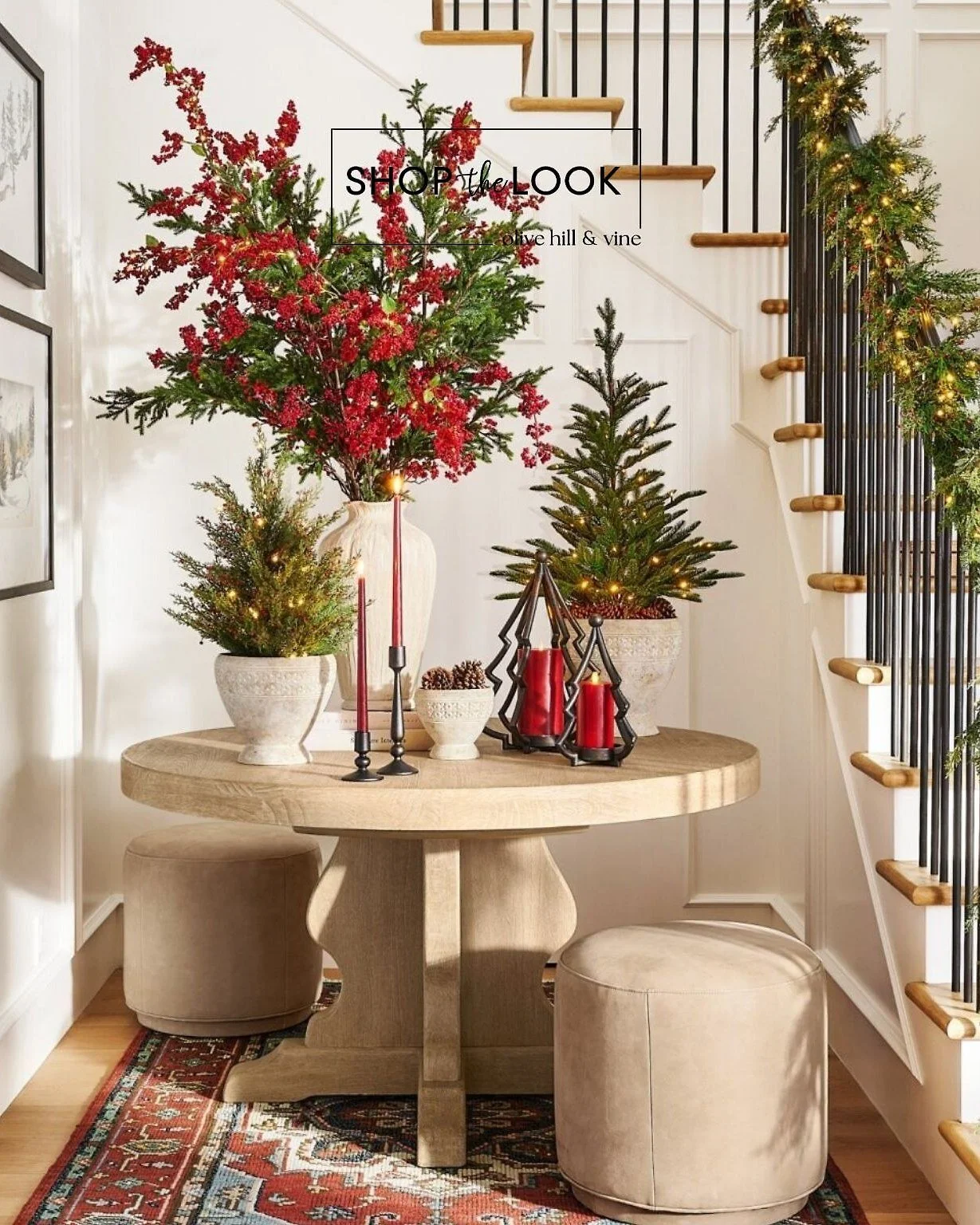 Holiday charm meets modern warmth in this beautifully styled nook. Layered greenery, soft neutrals, and rich pops of red bring a festive, welcoming feel to the entry without overpowering the space&mdash;perfectly curated for the season. 

Comment SHO