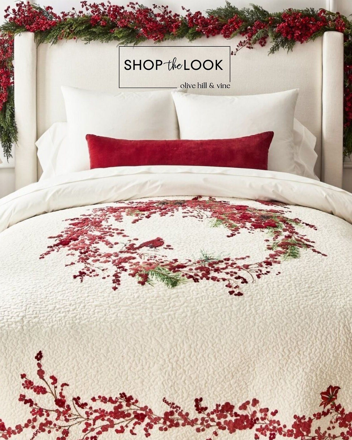A fresh holiday bedroom look brings crisp white layers, berry-red accents, and a festive quilt that ties it all together. Soft lighting and natural greenery add warmth, making this seasonal setup feel polished and inviting for winter. 

Comment SHOP 
