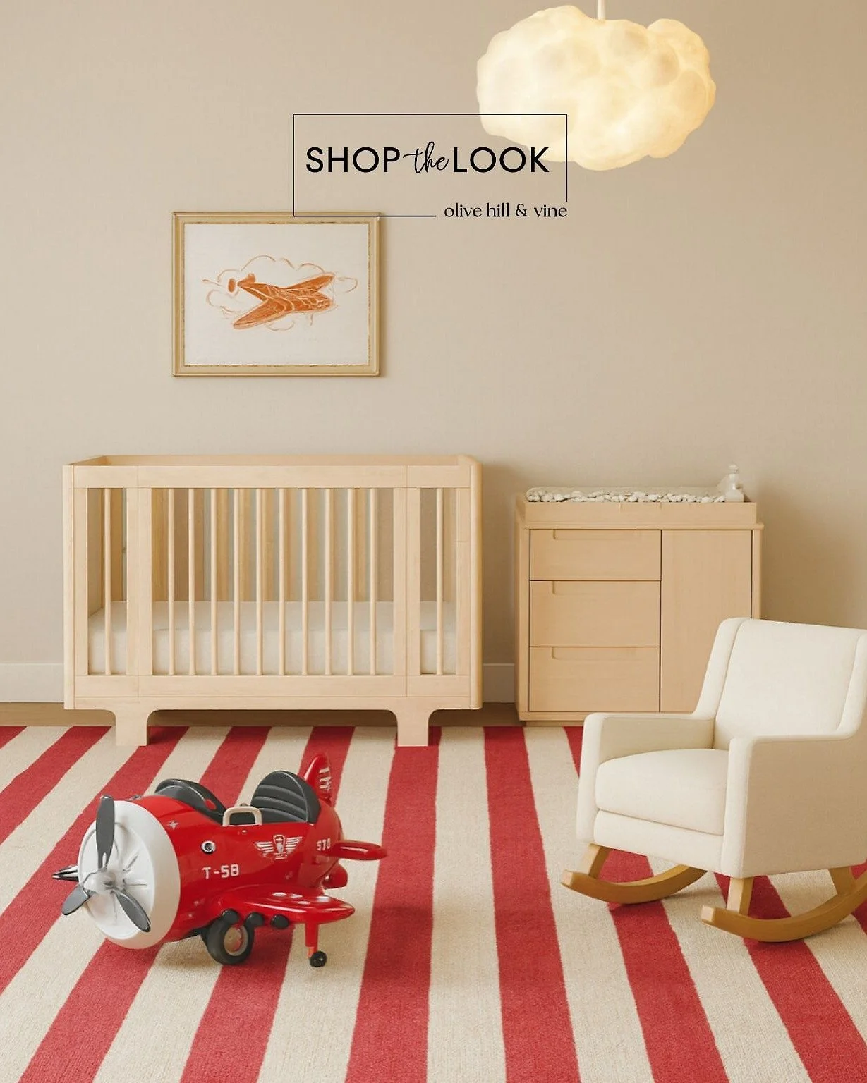 This nursery takes flight with playful aviation vibes, natural wood tones, a cloud pendant, and a bold red-striped rug. A crisp, modern mix that feels bright, curated, and full of personality. 

Comment SHOP below to receive a DM with the link to thi