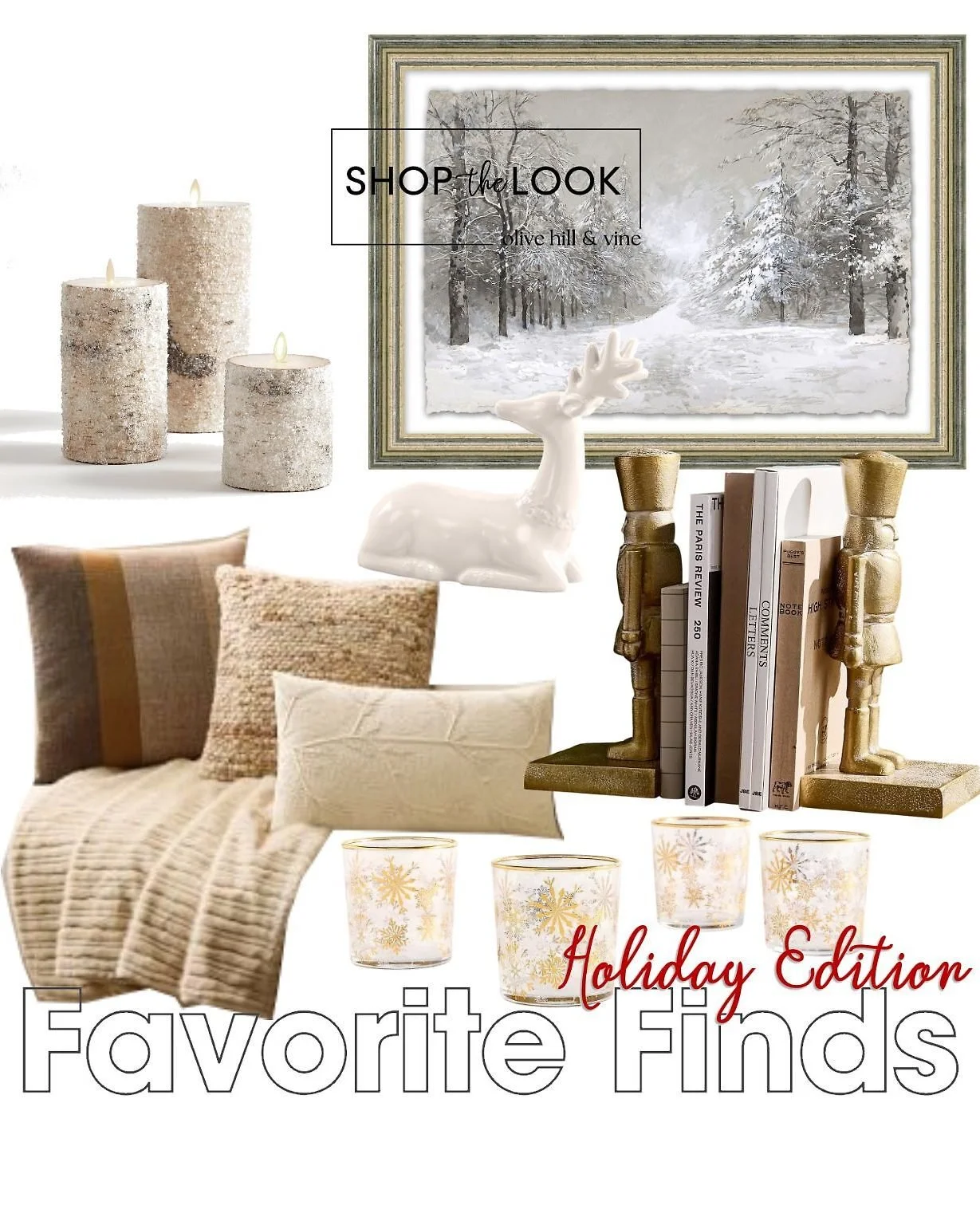 Winter styling feels effortless with these favorite finds&mdash;glitter birch candles, a snowy forest art piece, gold nutcracker bookends, snowflake-etched glass, and soft neutral throws that keep your home looking chic long after Christmas fades. 

